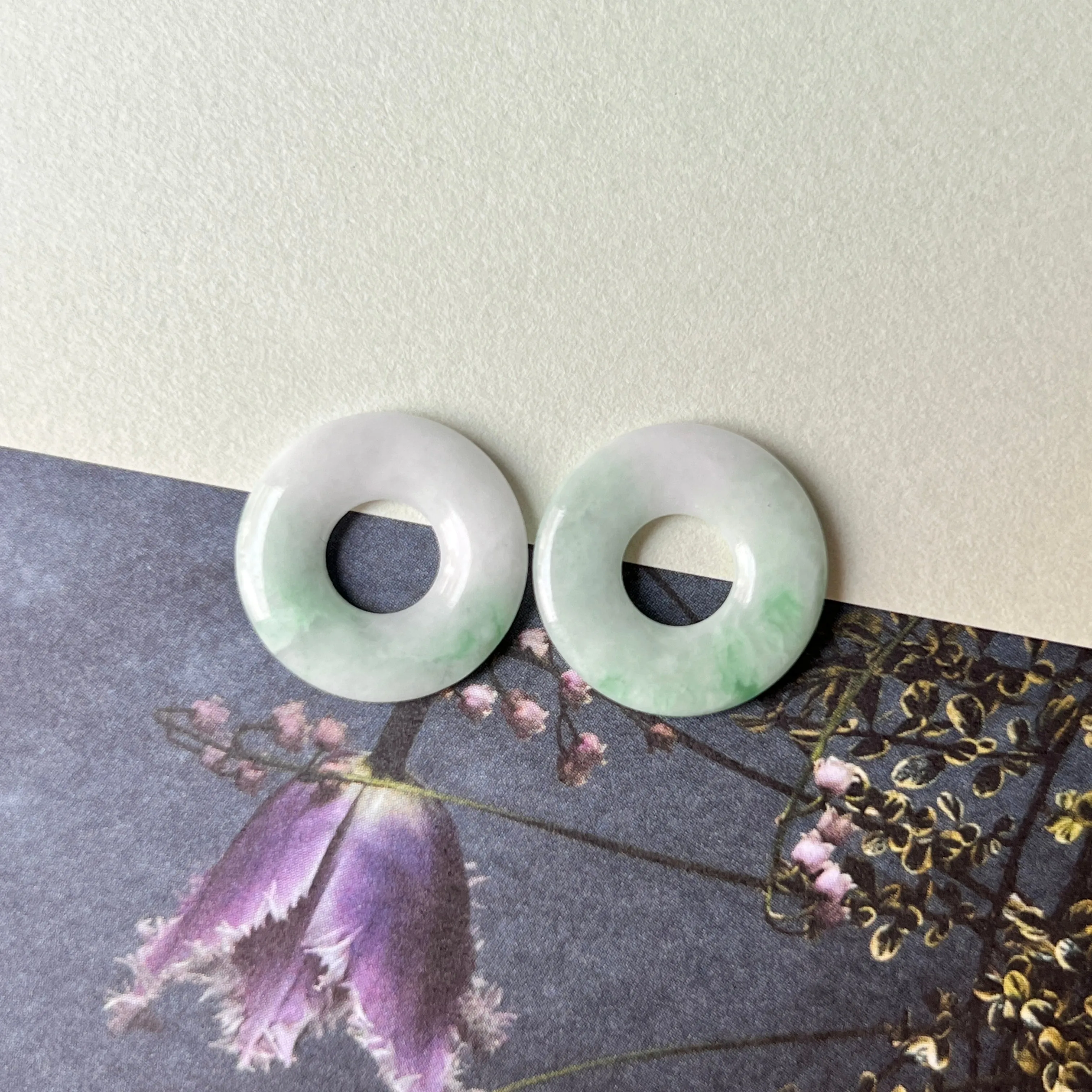 14cts A-Grade Natural Moss on Snow Jadeite Donut Pair No.180758