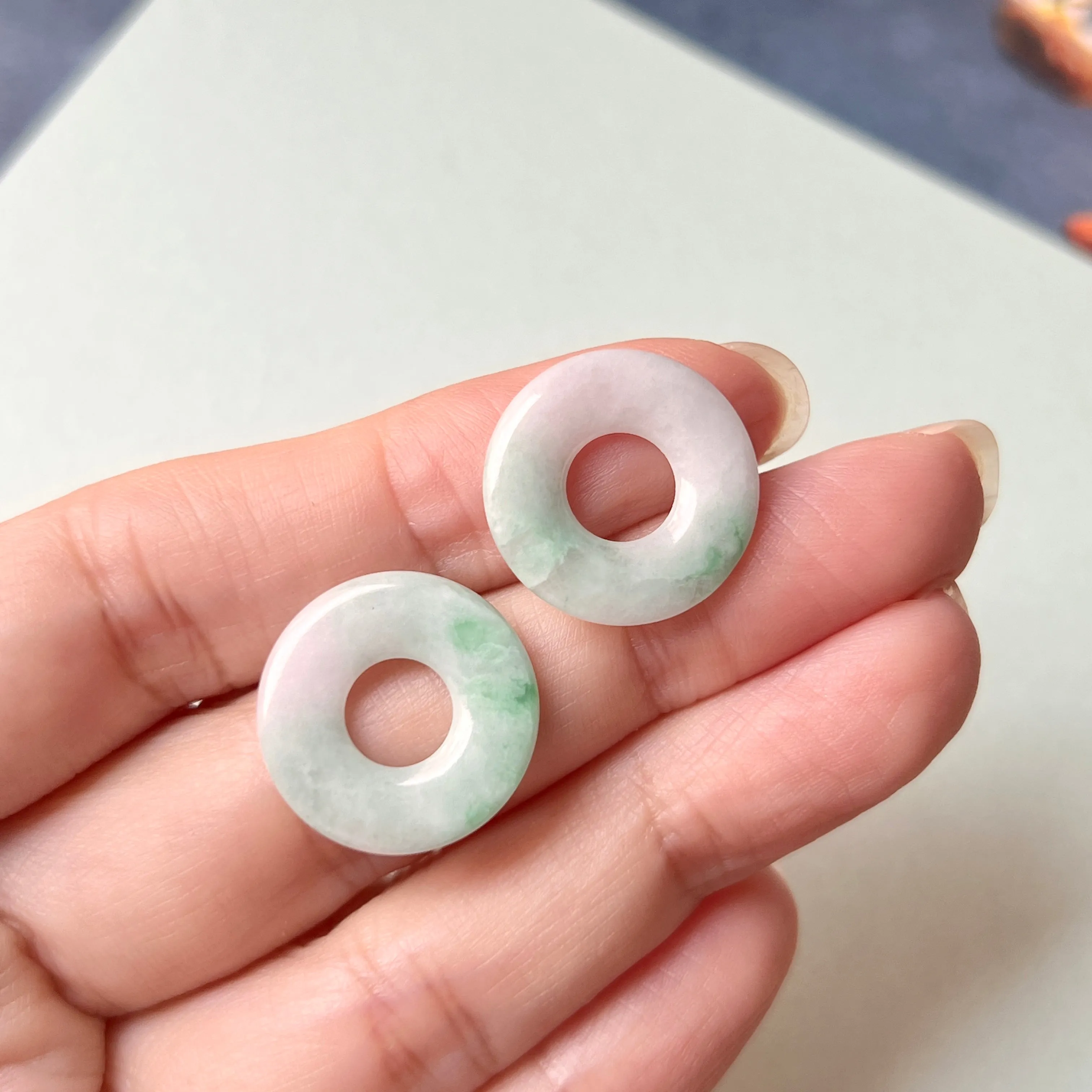 14cts A-Grade Natural Moss on Snow Jadeite Donut Pair No.180758