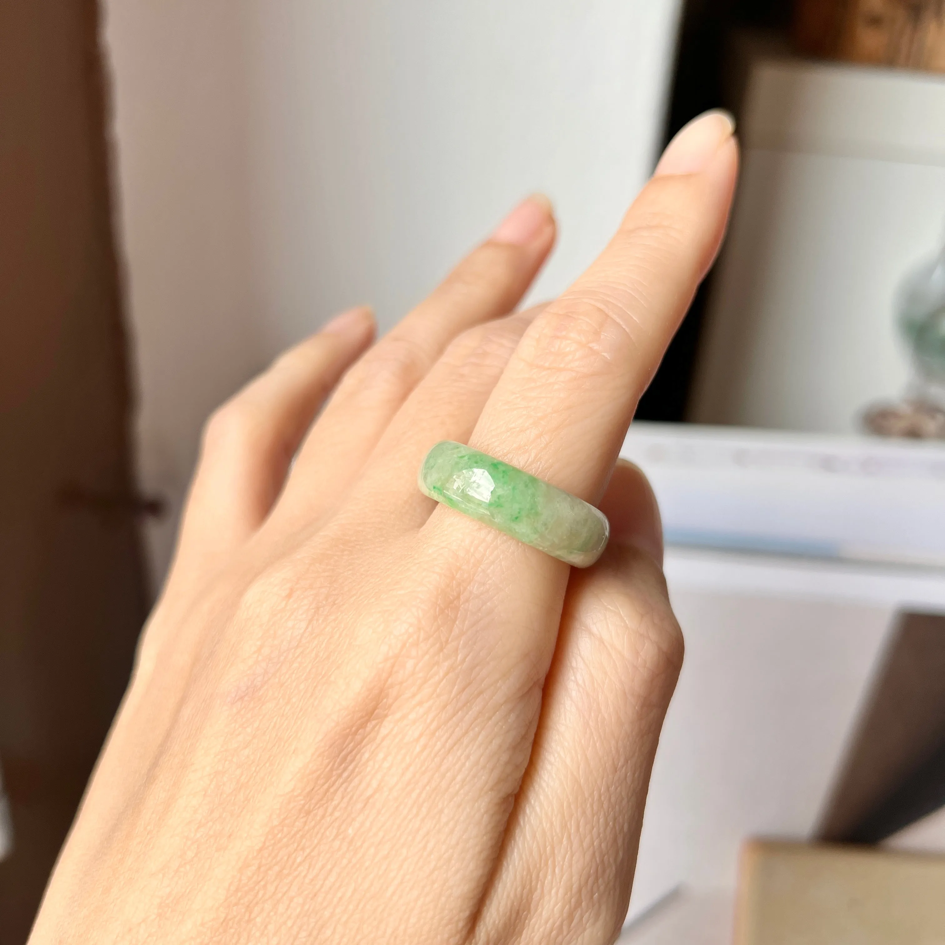 19.1mm A-Grade Natural Moss on Snow Jadeite Abacus Ring Band No.162182