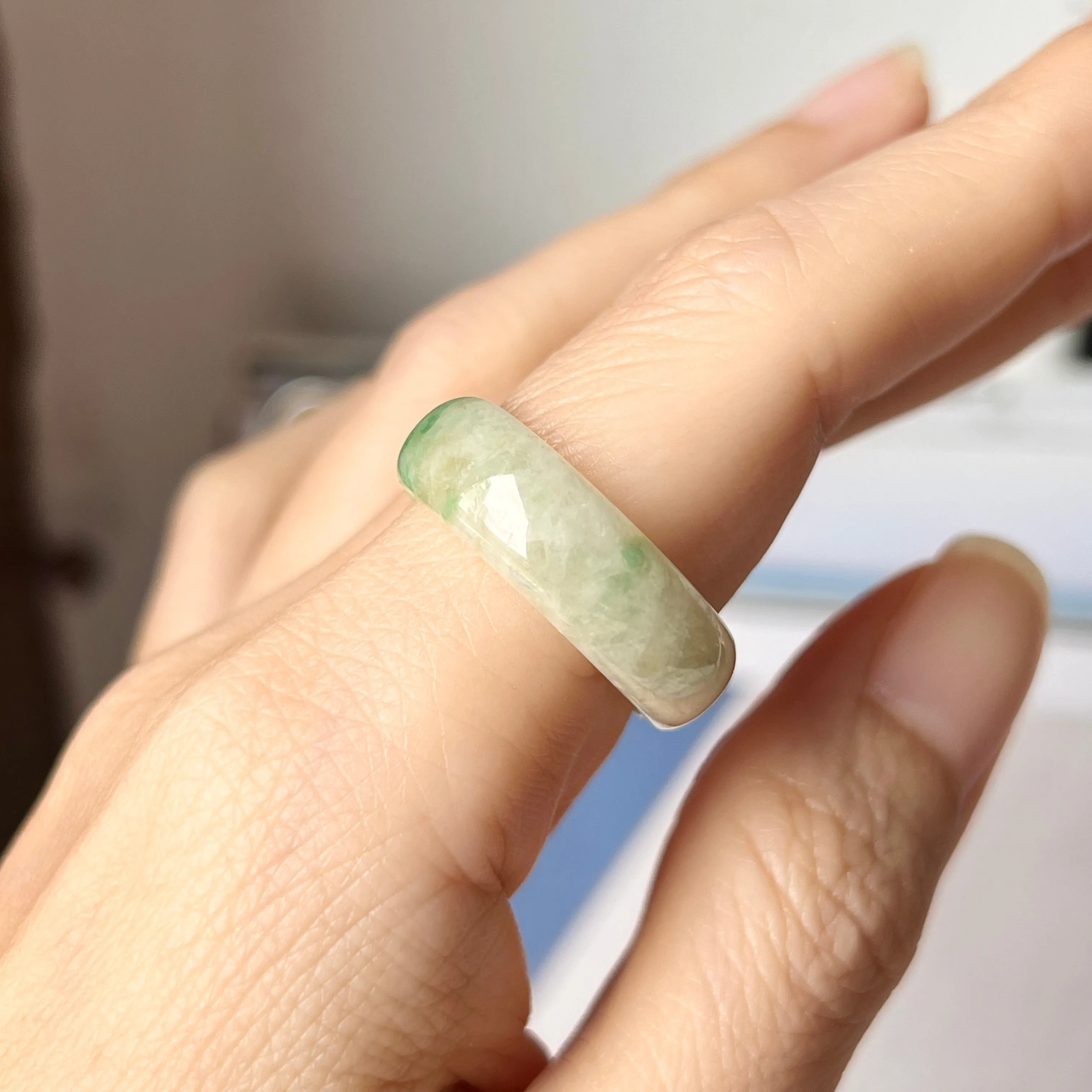 19.1mm A-Grade Natural Moss on Snow Jadeite Abacus Ring Band No.162182