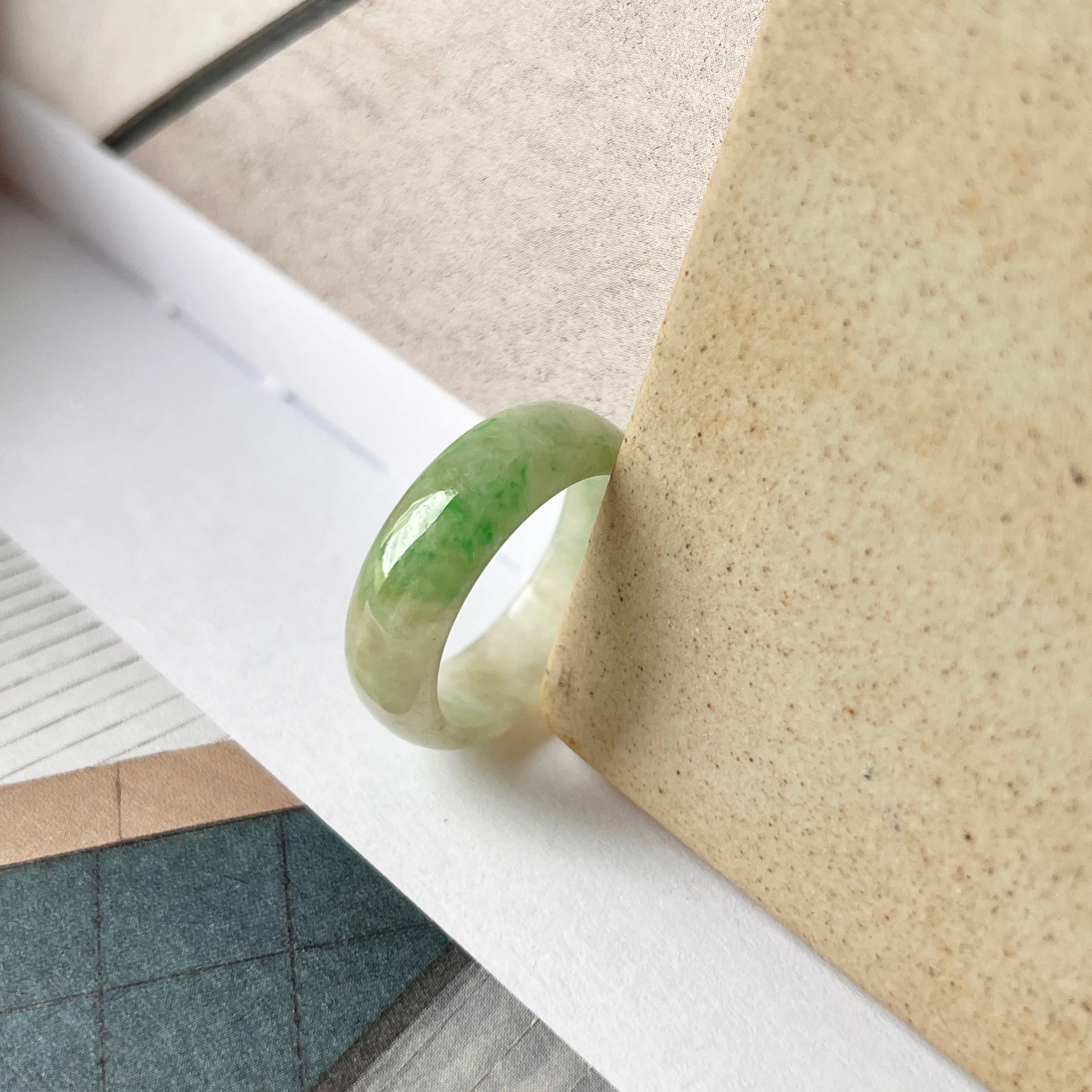 19.1mm A-Grade Natural Moss on Snow Jadeite Abacus Ring Band No.162182