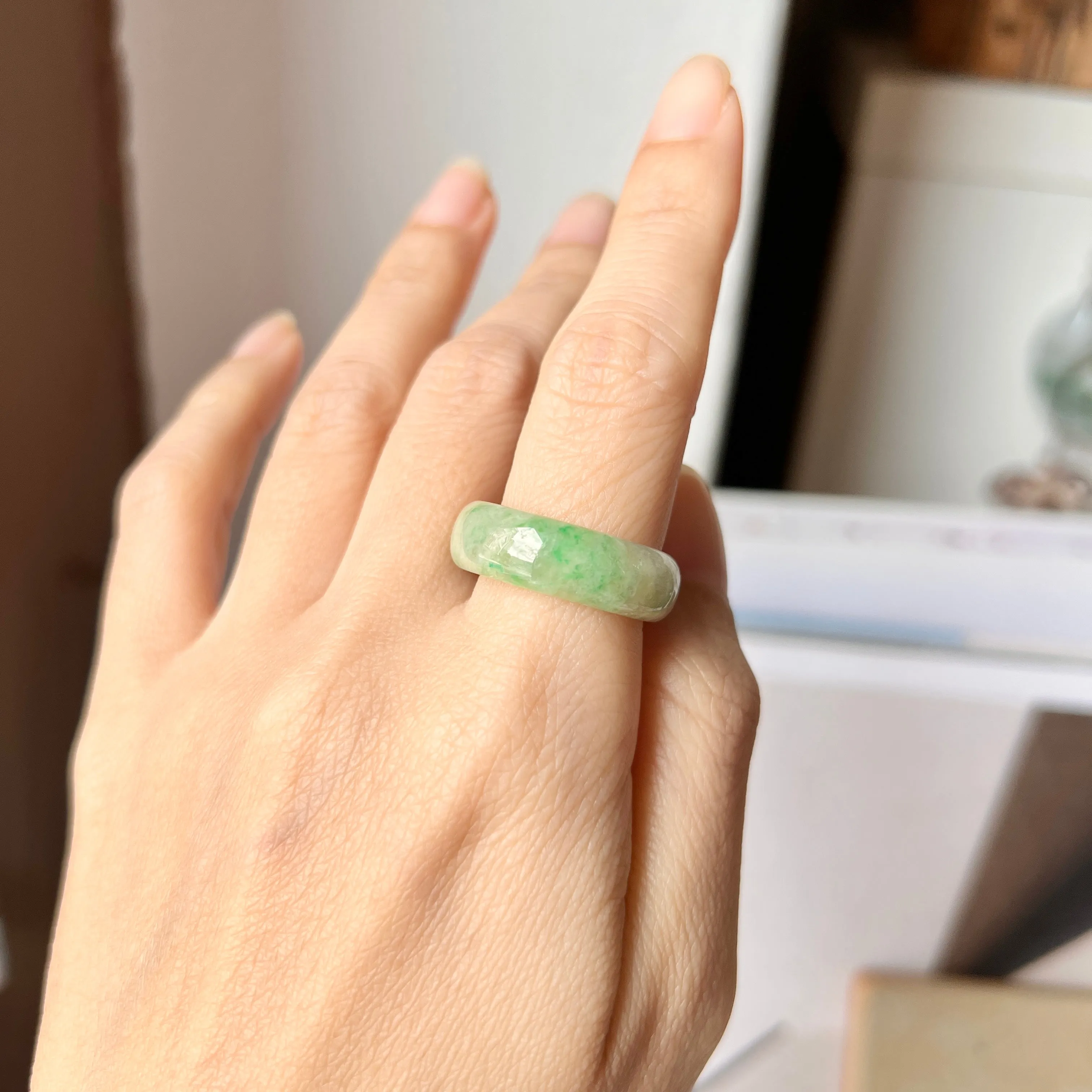 19.1mm A-Grade Natural Moss on Snow Jadeite Abacus Ring Band No.162182