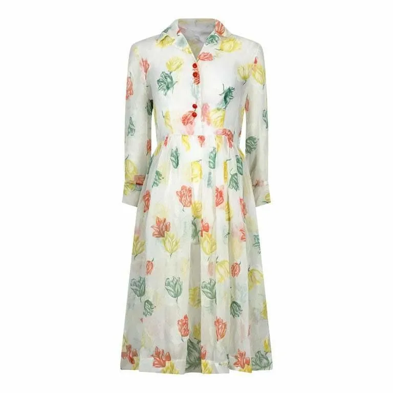 1950s Organza Floral Tulip Print Shirt Dress