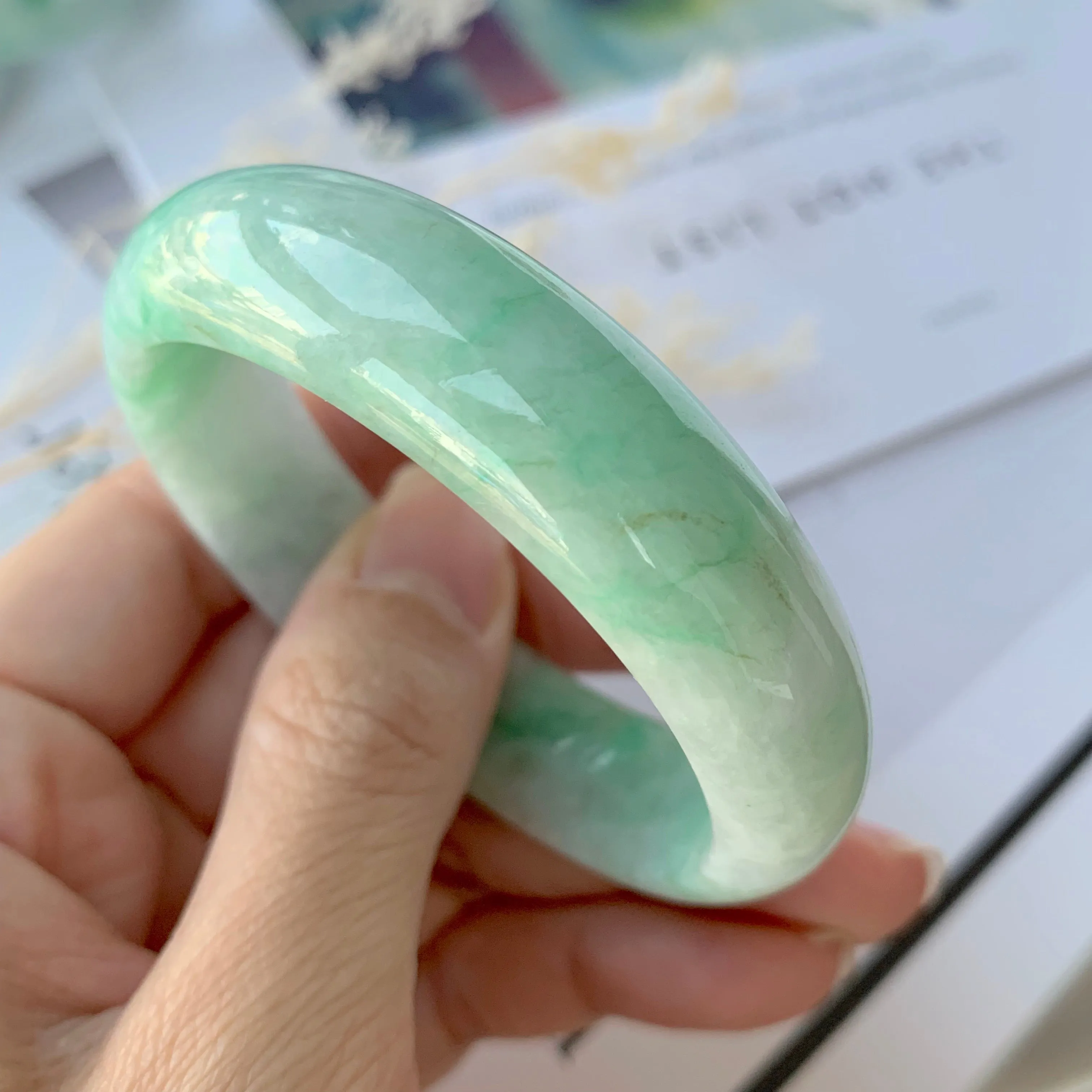 51.2mm A-Grade Natural Moss On Snow Jadeite Modern Round Bangle No.151655