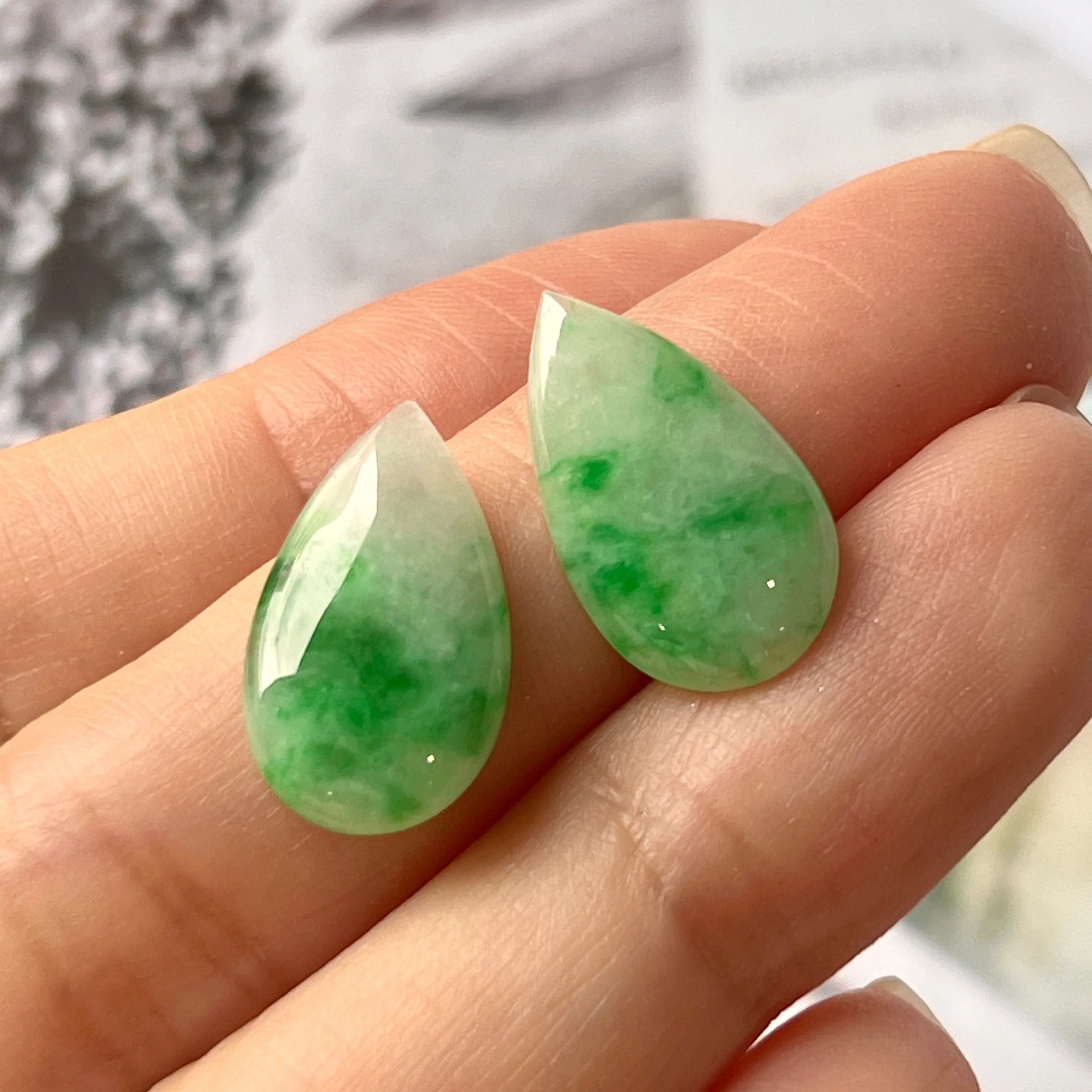 8.63cts A-Grade Natural Moss on Snow Jadeite Oval Pear Shaped Pair No.180672