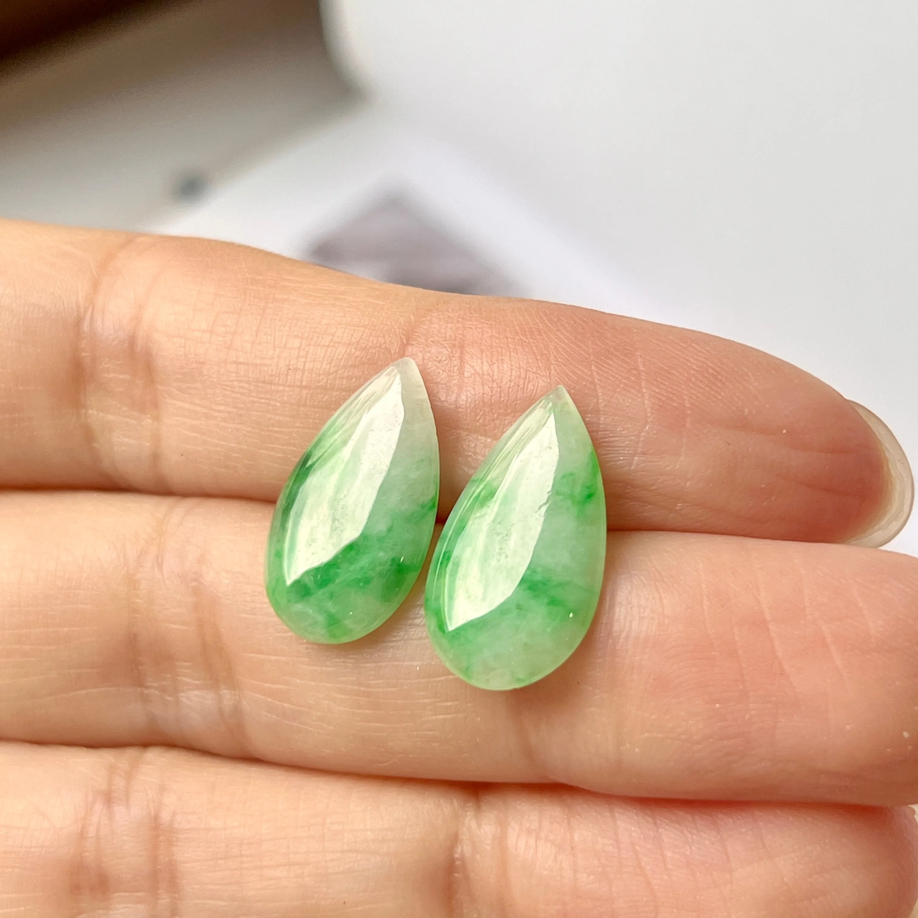 8.63cts A-Grade Natural Moss on Snow Jadeite Oval Pear Shaped Pair No.180672