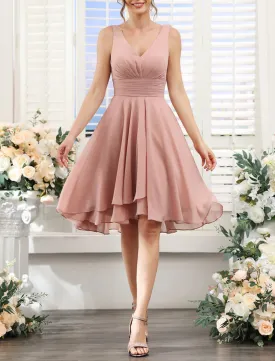 A-Line Bridesmaid Dress V Neck Sleeveless Pink Knee Length Chiffon with Ruching / Solid Color