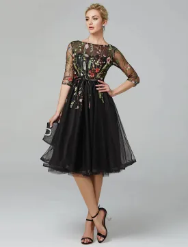 A-Line Little Black Prom Dress Wedding Guest Knee Length Long Sleeve Neck Addams Tulle with Embroidery Appliques