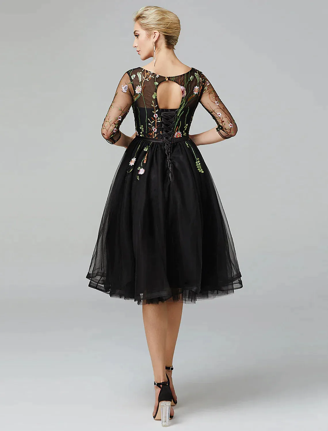 A-Line Little Black Prom Dress Wedding Guest Knee Length Long Sleeve Neck Addams Tulle with Embroidery Appliques