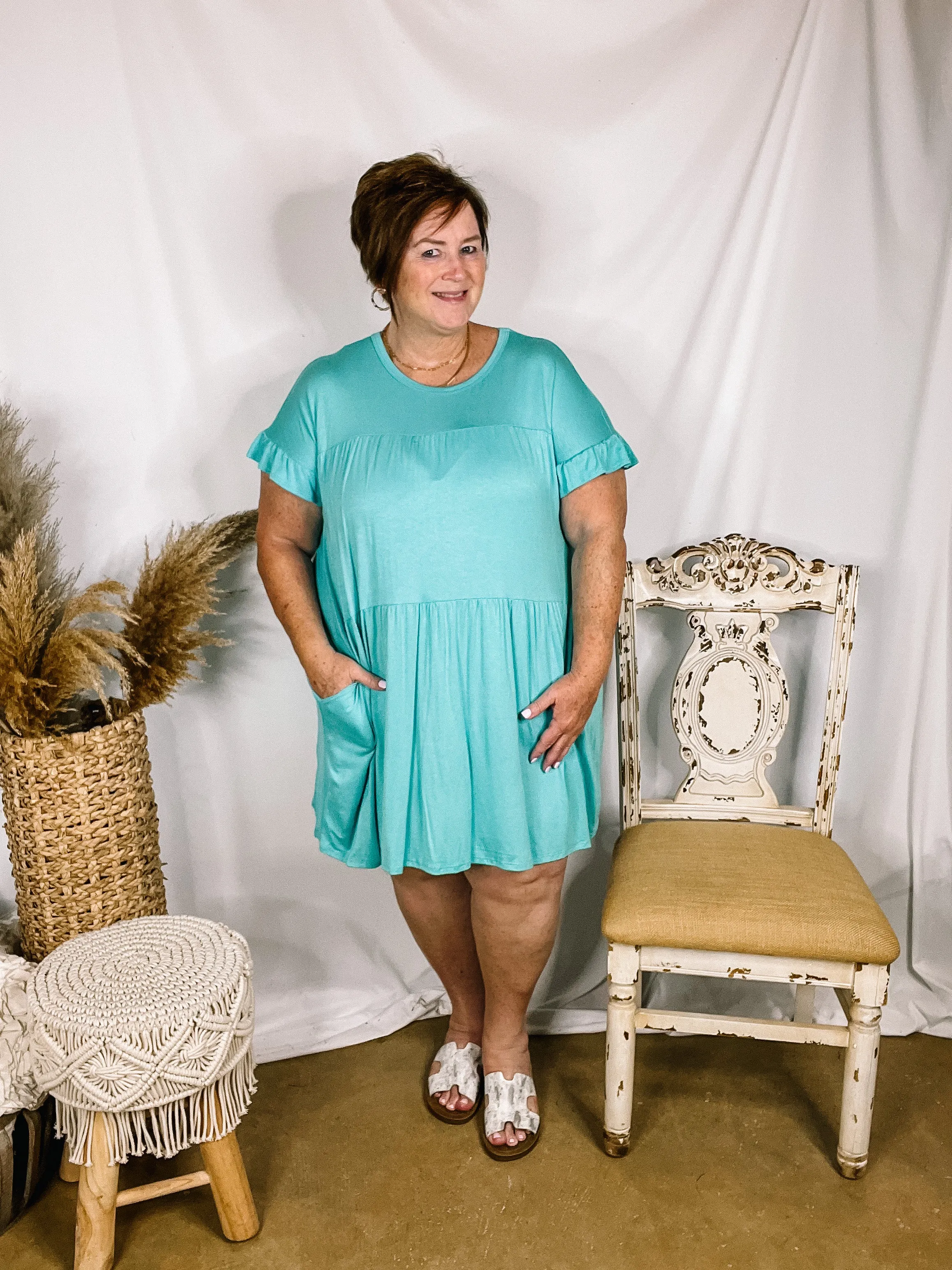 A Night to Remember Ruffle Tiered Short Sleeve Dress in Aqua Blue