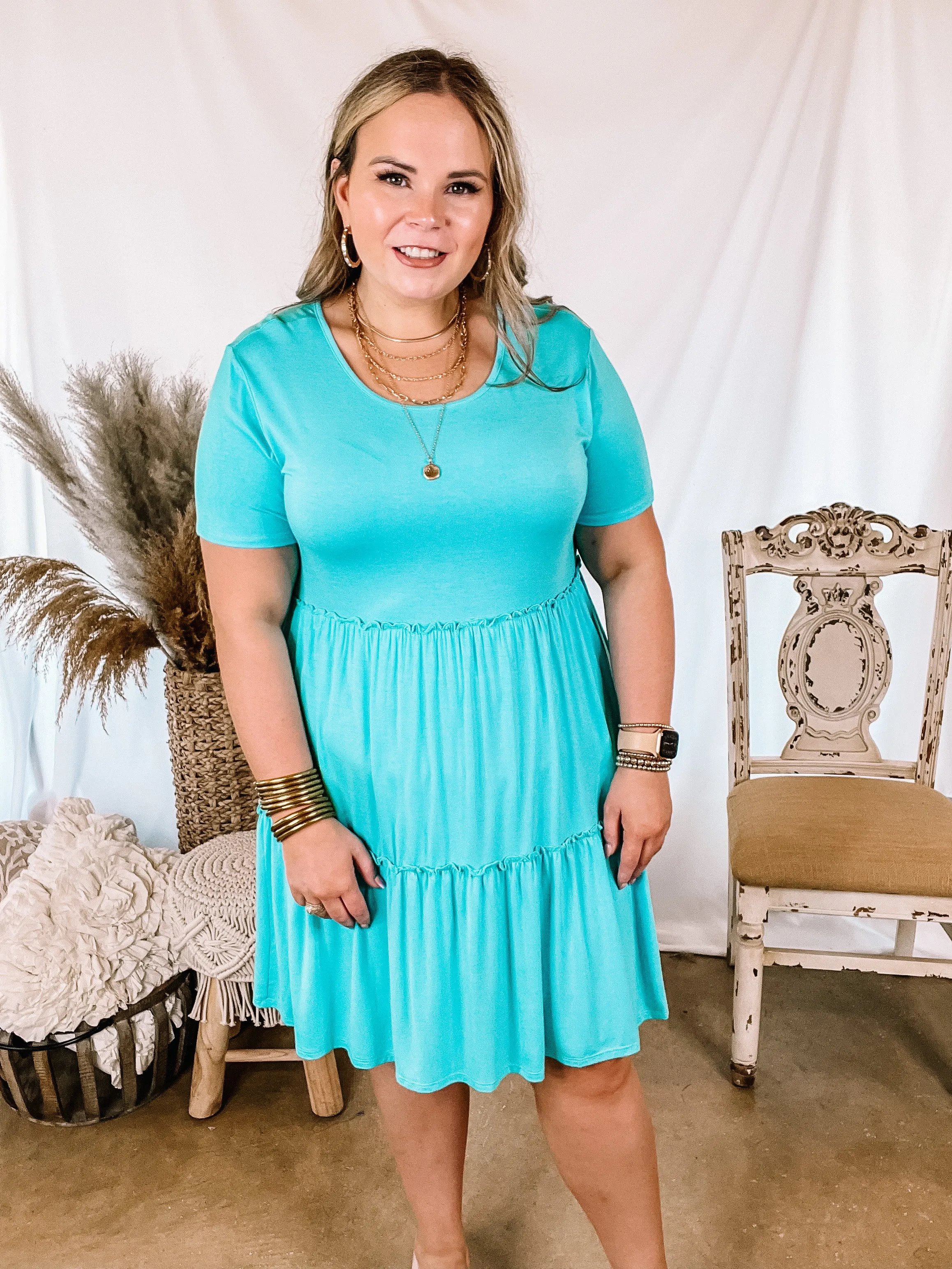 A Night to Remember Ruffle Tiered Short Sleeve Dress in Aqua Blue