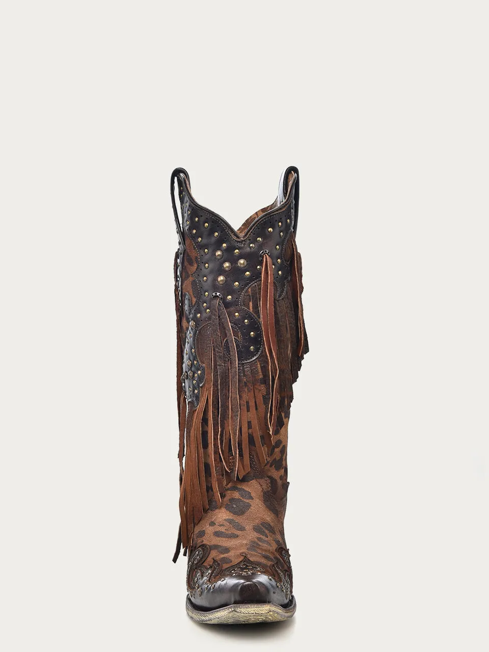 A3618 - WOMEN'S LEOPARD PRINT WITH FRINGE AND STUDS SNIP TOE COWBOY BOOT