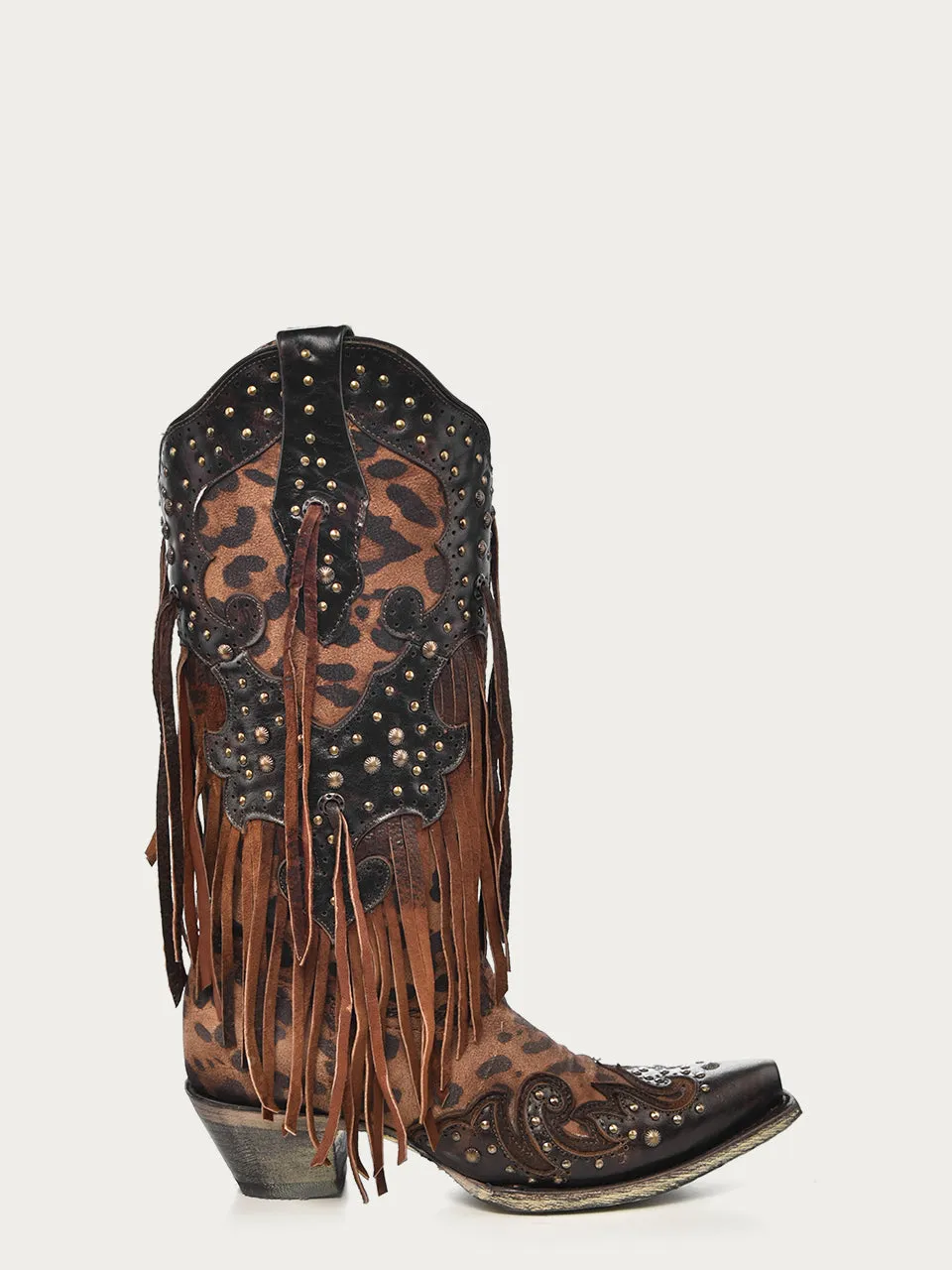 A3618 - WOMEN'S LEOPARD PRINT WITH FRINGE AND STUDS SNIP TOE COWBOY BOOT