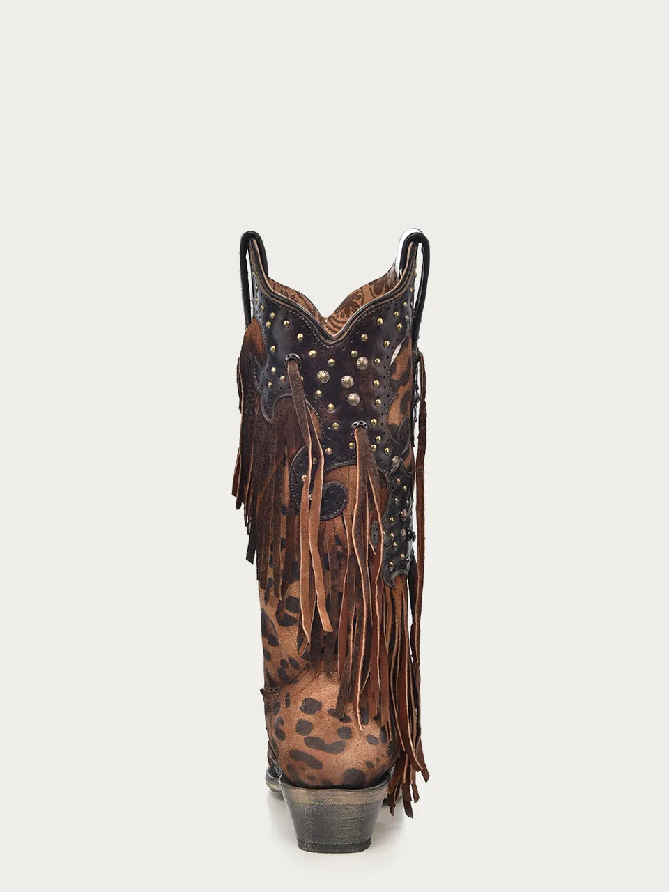 A3618 - WOMEN'S LEOPARD PRINT WITH FRINGE AND STUDS SNIP TOE COWBOY BOOT