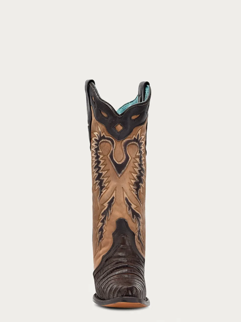 A4182 - WOMEN'S TAN EMBROIDERY BROWN CAIMAN VAMP SNIP TOE COWBOY BOOT