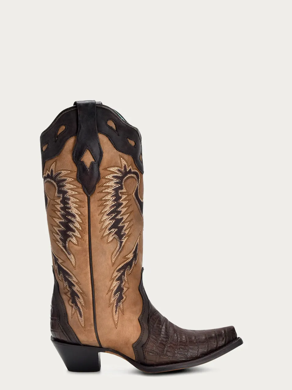 A4182 - WOMEN'S TAN EMBROIDERY BROWN CAIMAN VAMP SNIP TOE COWBOY BOOT