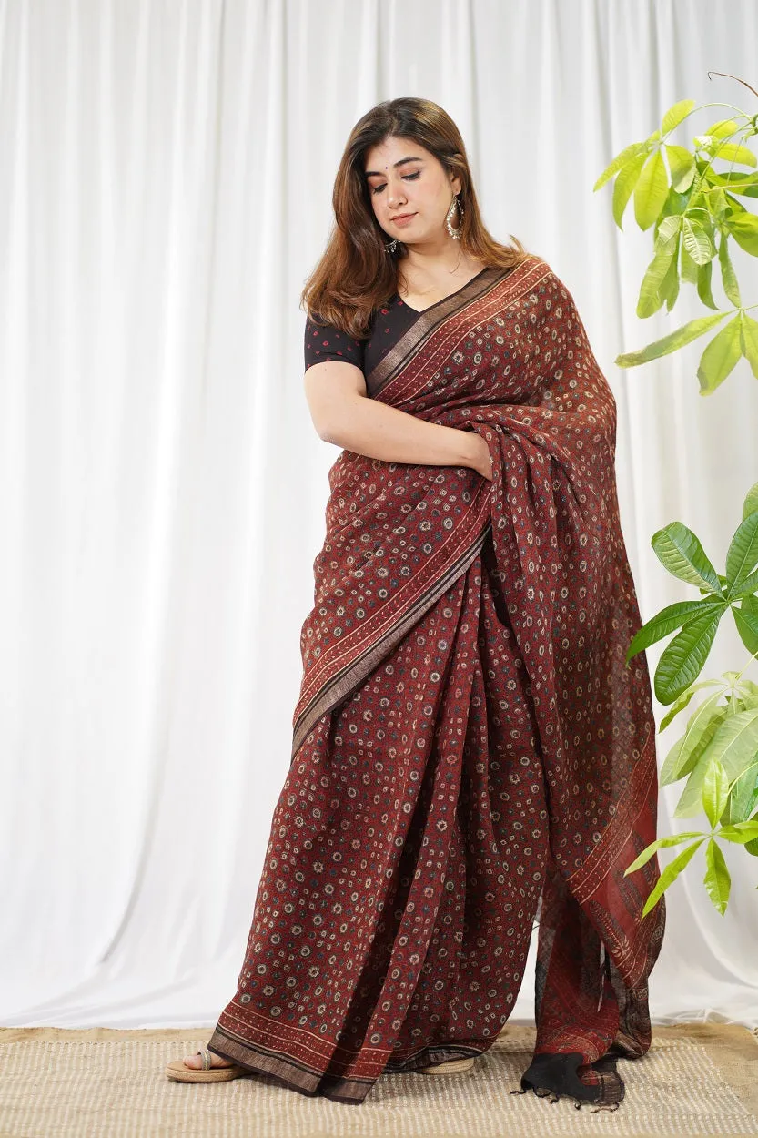 Ajrakh Hand Block Printed Linen Saree