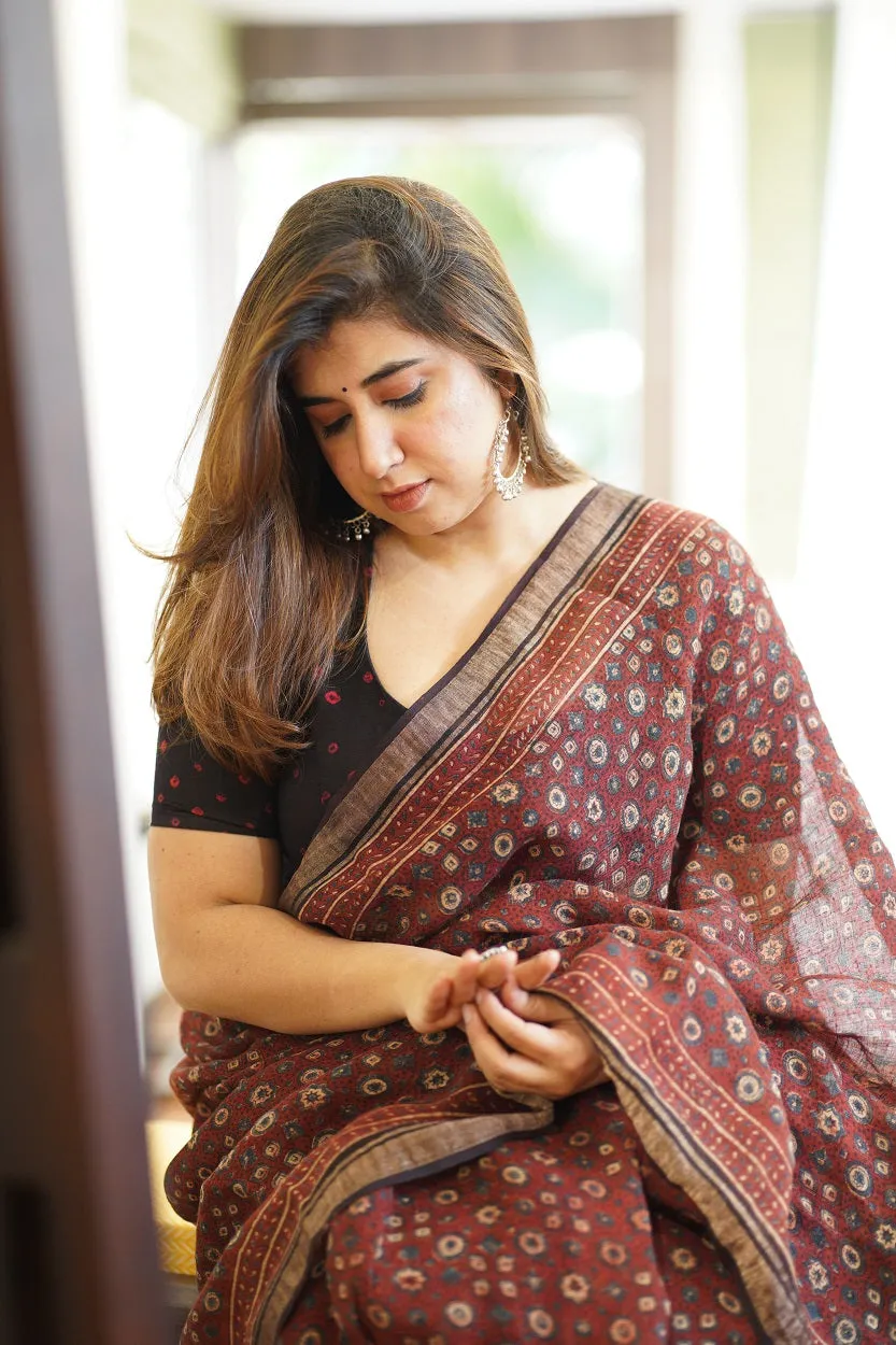 Ajrakh Hand Block Printed Linen Saree