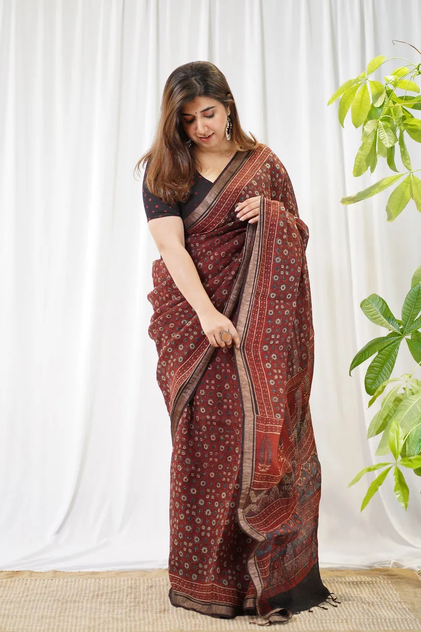 Ajrakh Hand Block Printed Linen Saree