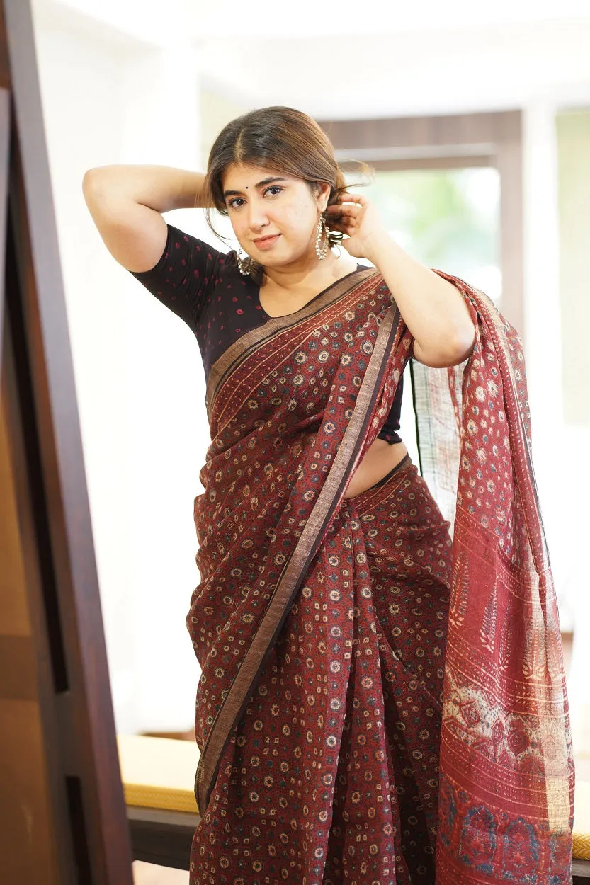 Ajrakh Hand Block Printed Linen Saree