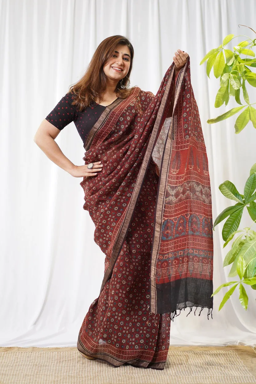 Ajrakh Hand Block Printed Linen Saree