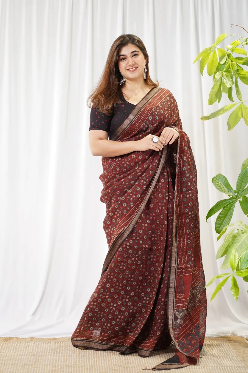 Ajrakh Hand Block Printed Linen Saree