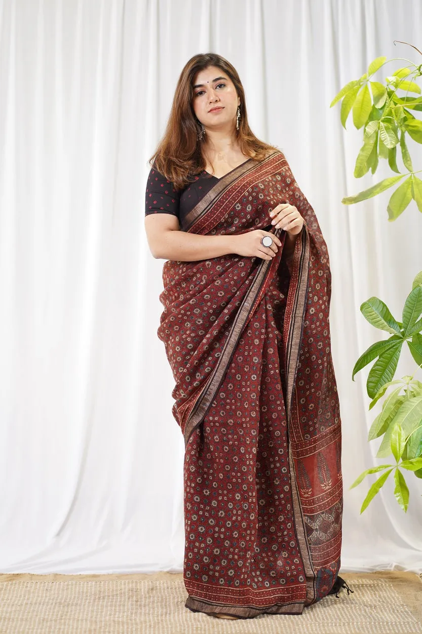 Ajrakh Hand Block Printed Linen Saree