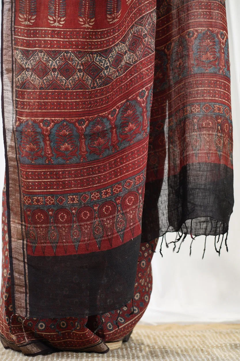 Ajrakh Hand Block Printed Linen Saree