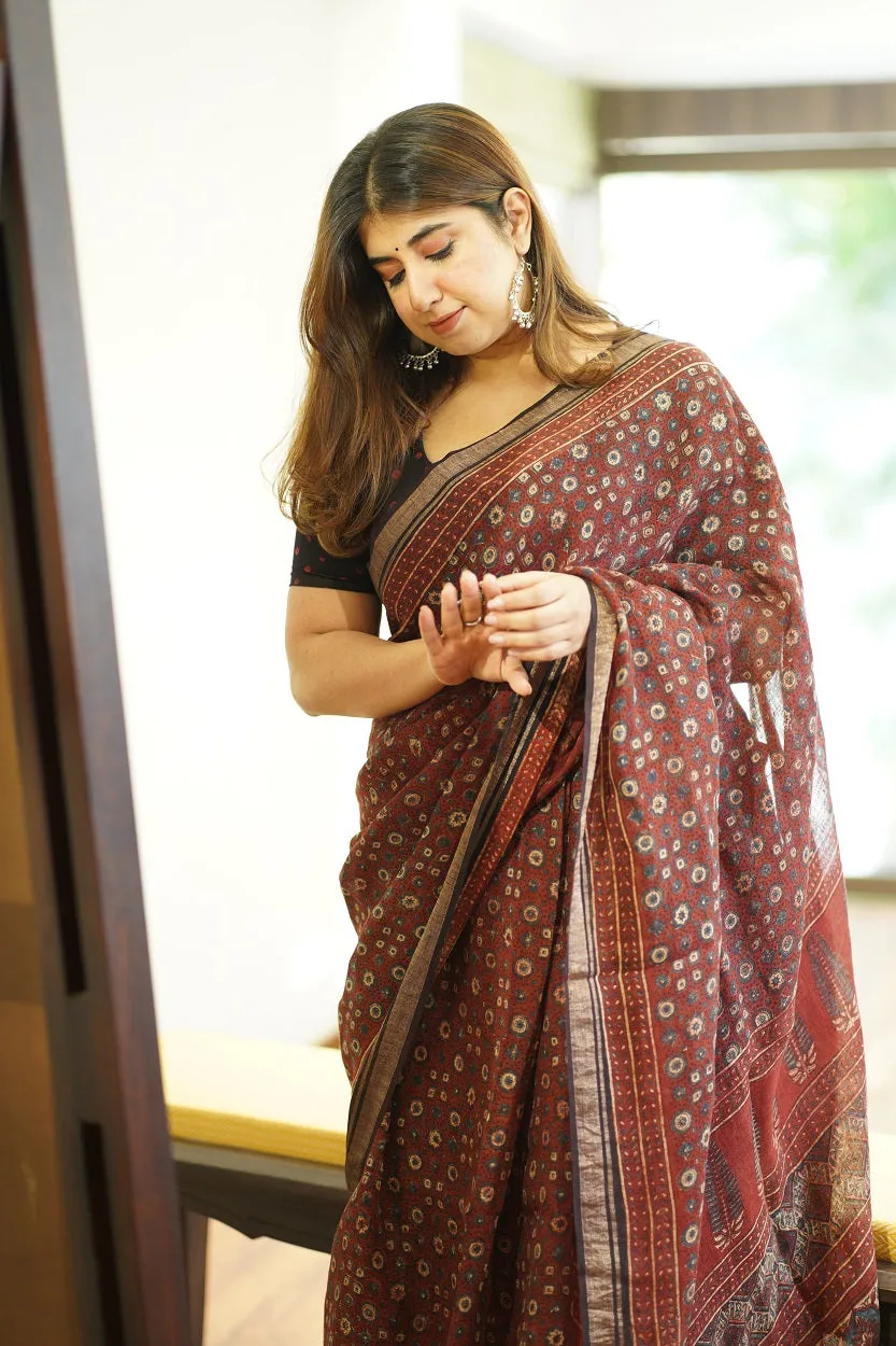 Ajrakh Hand Block Printed Linen Saree