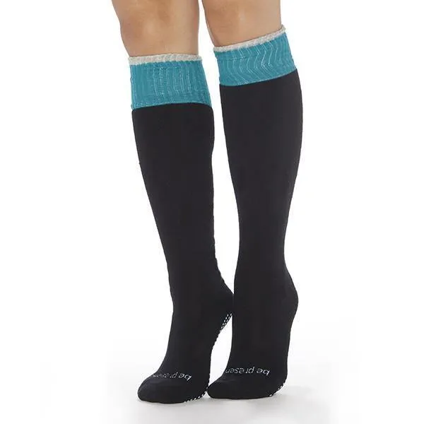 Be Present Knee High Grip Socks - Black Teal (Barre / Pilates)