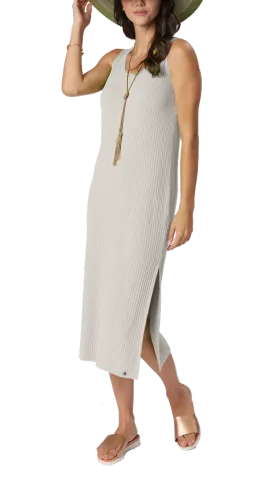 Betsy Vertical Rib Knit Sleeveless Mid-calf Sheath Dress; Beige