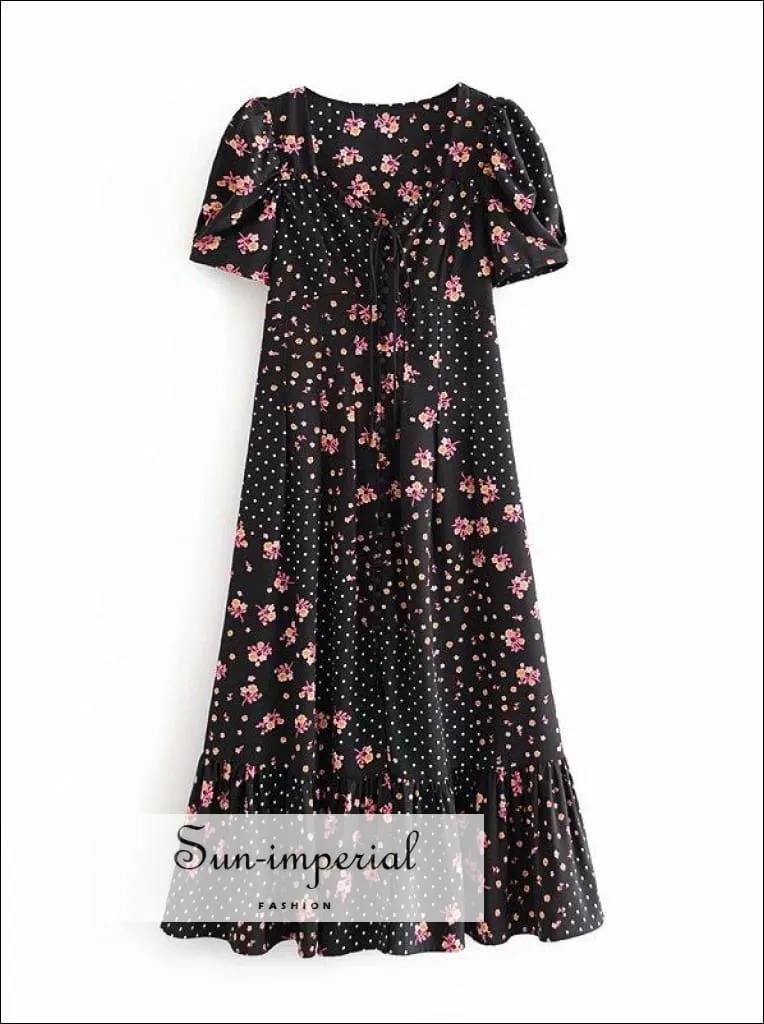 Black Pink Floral White Dot Patchwork Print Short Sleeve Midi Dress with Ruffles detail