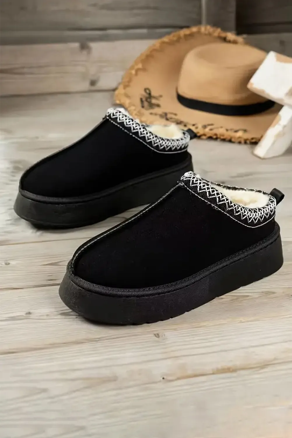 Black Suede Print Plush Lined Snow Slide In Boots