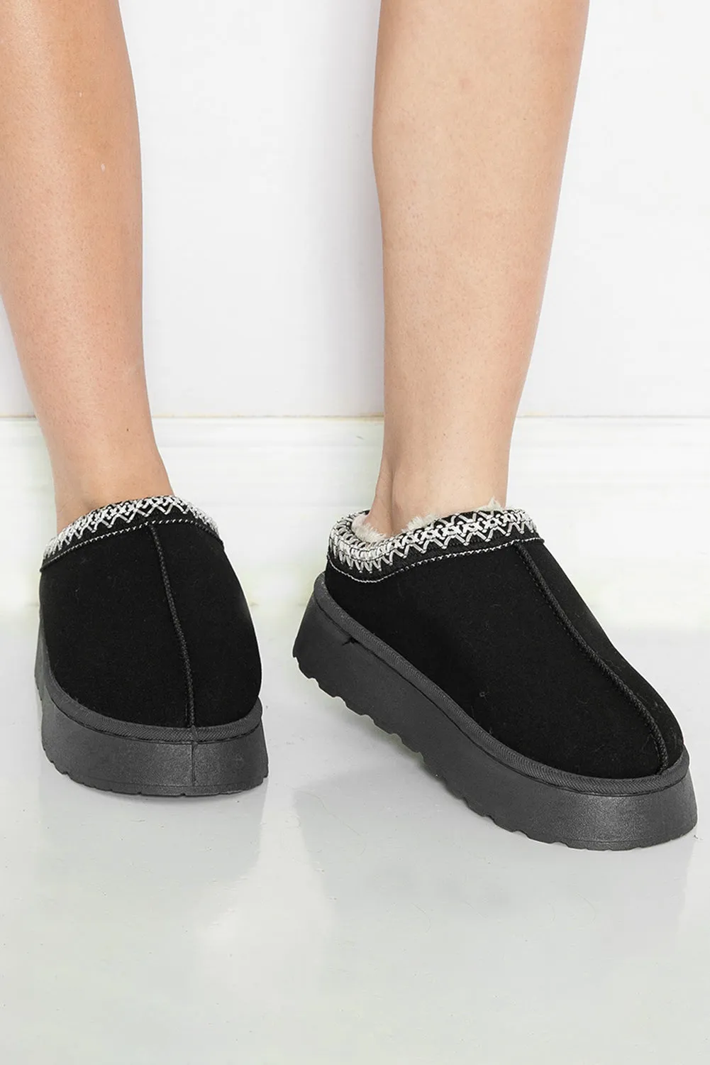 Black Suede Print Plush Lined Snow Slide In Boots