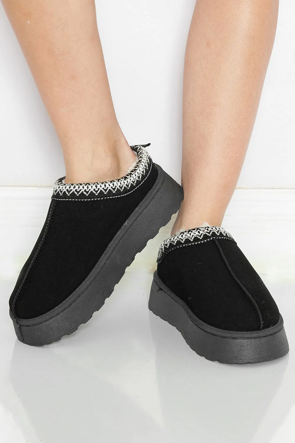 Black Suede Print Plush Lined Snow Slide In Boots