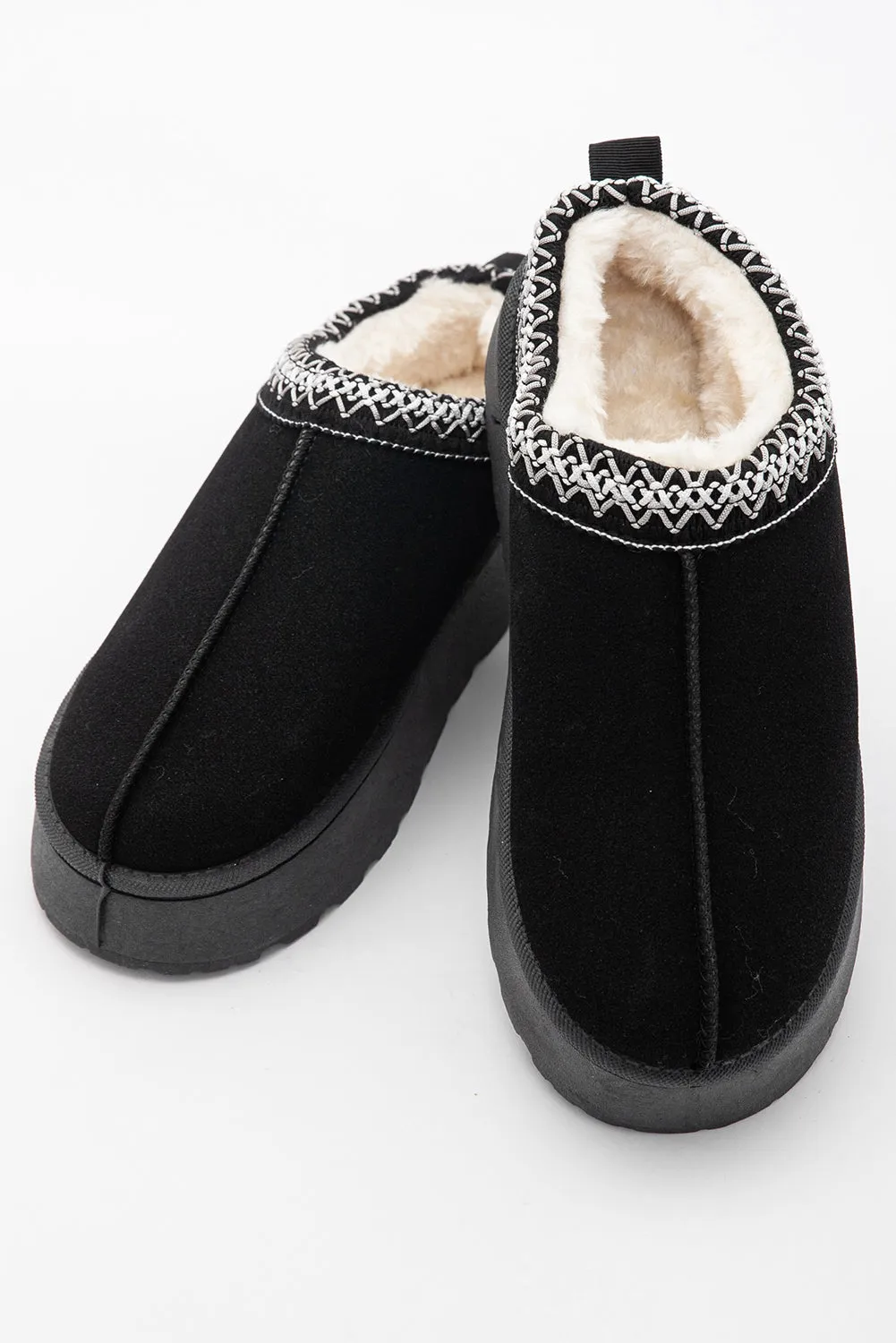 Black Suede Print Plush Lined Snow Slide In Boots