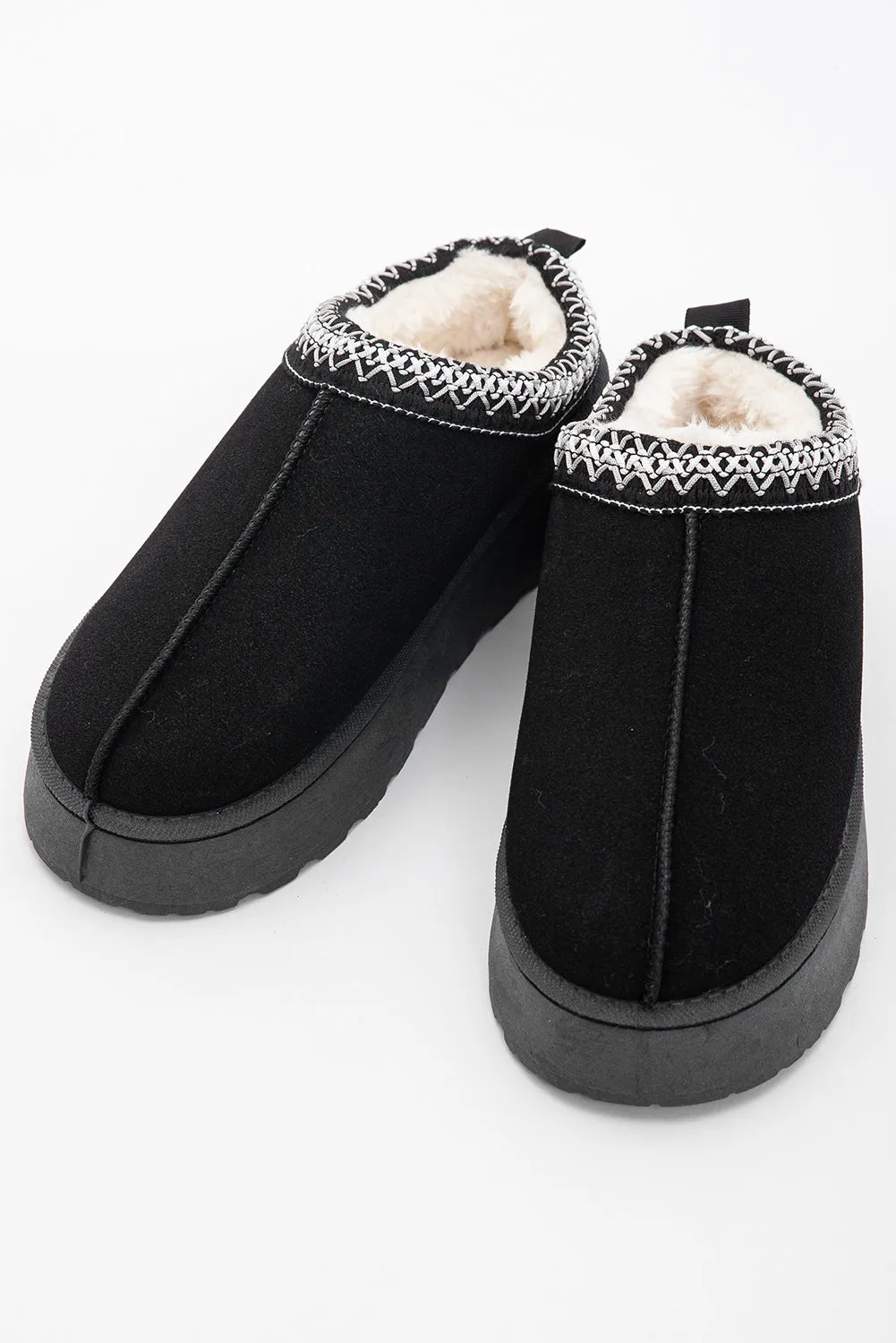 Black Suede Print Plush Lined Snow Slide In Boots