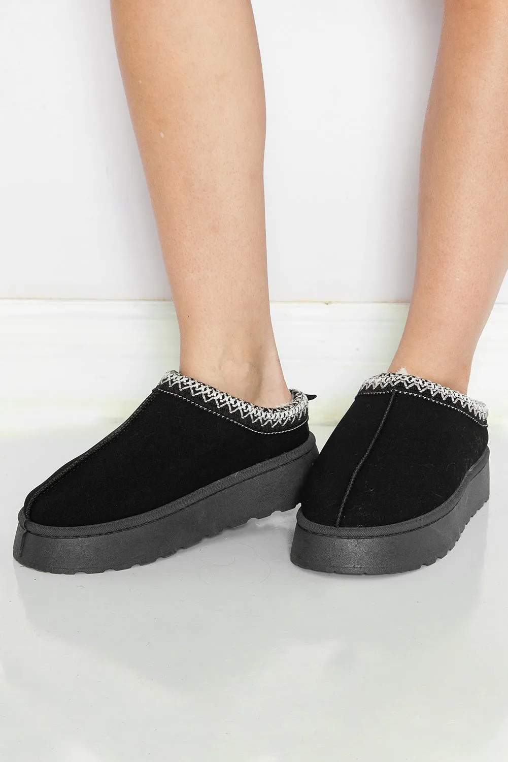 Black Suede Print Plush Lined Snow Slide In Boots