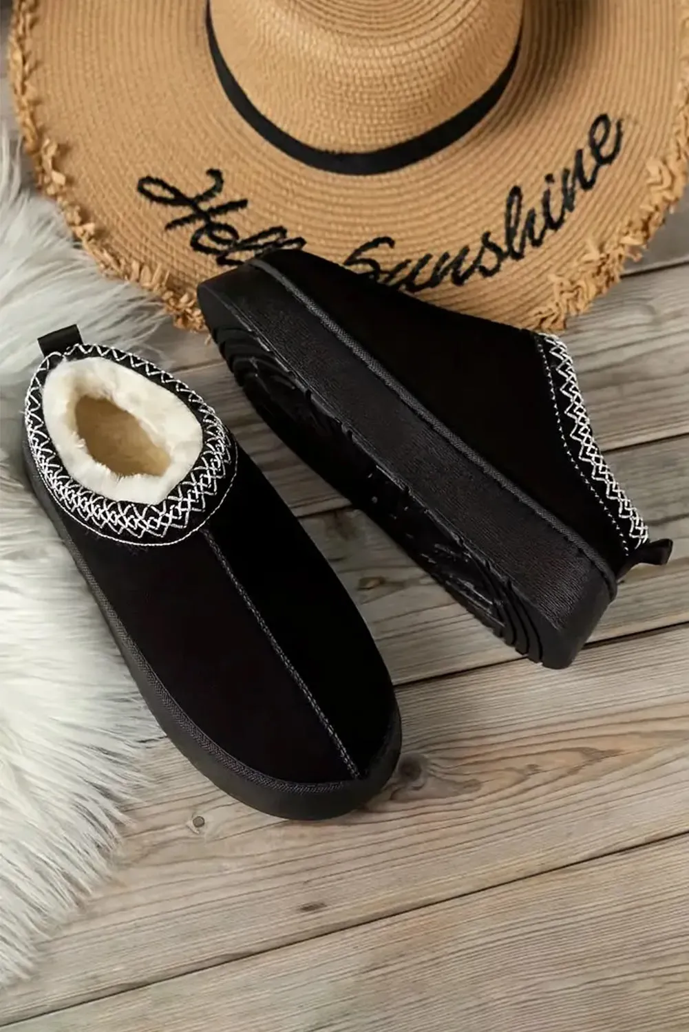 Black Suede Print Plush Lined Snow Slide In Boots