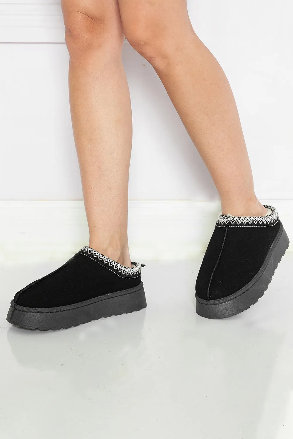 Black Suede Print Plush Lined Snow Slide In Boots