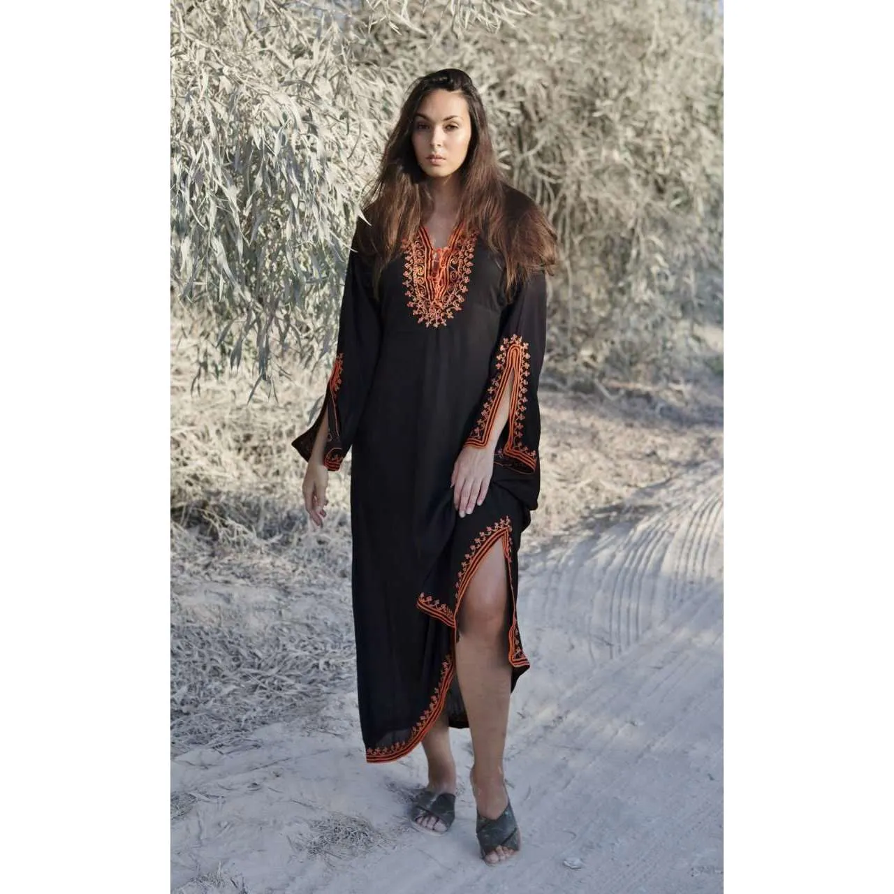 Black with Orange Caftan Kaftan Nadia Maxi Dress-moroccan kaftan