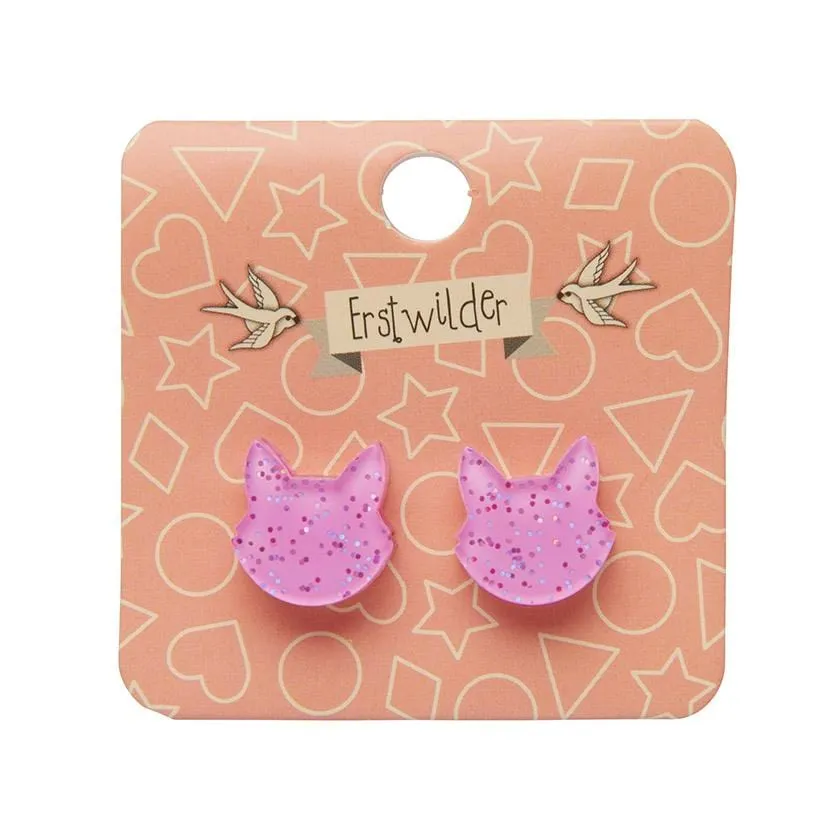 Cat Head Glitter Resin Stud Earrings - Pink