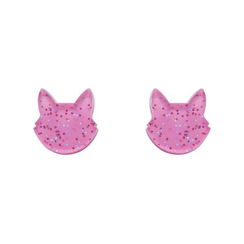 Cat Head Glitter Resin Stud Earrings - Pink