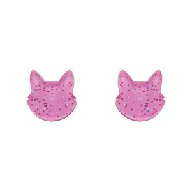 Cat Head Glitter Resin Stud Earrings - Pink