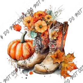 Cowboy Boots with Pumpkins and Flowers Watercolor DTF Transfer