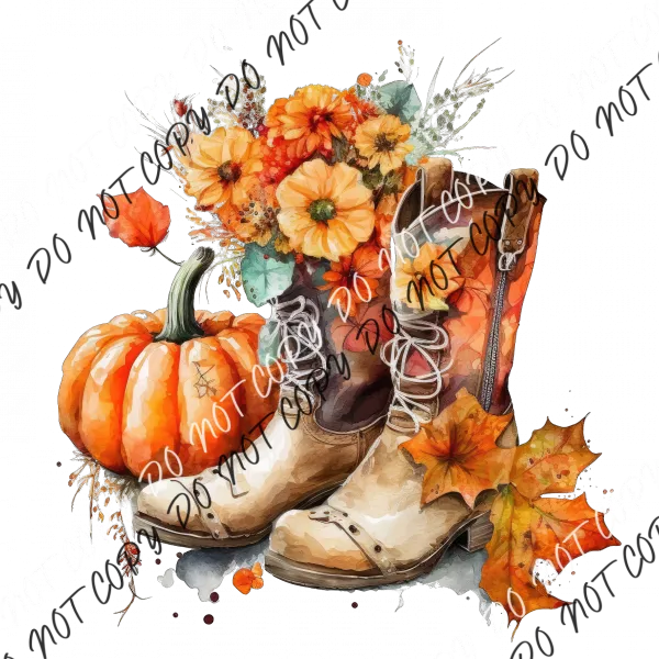 Cowboy Boots with Pumpkins and Flowers Watercolor DTF Transfer