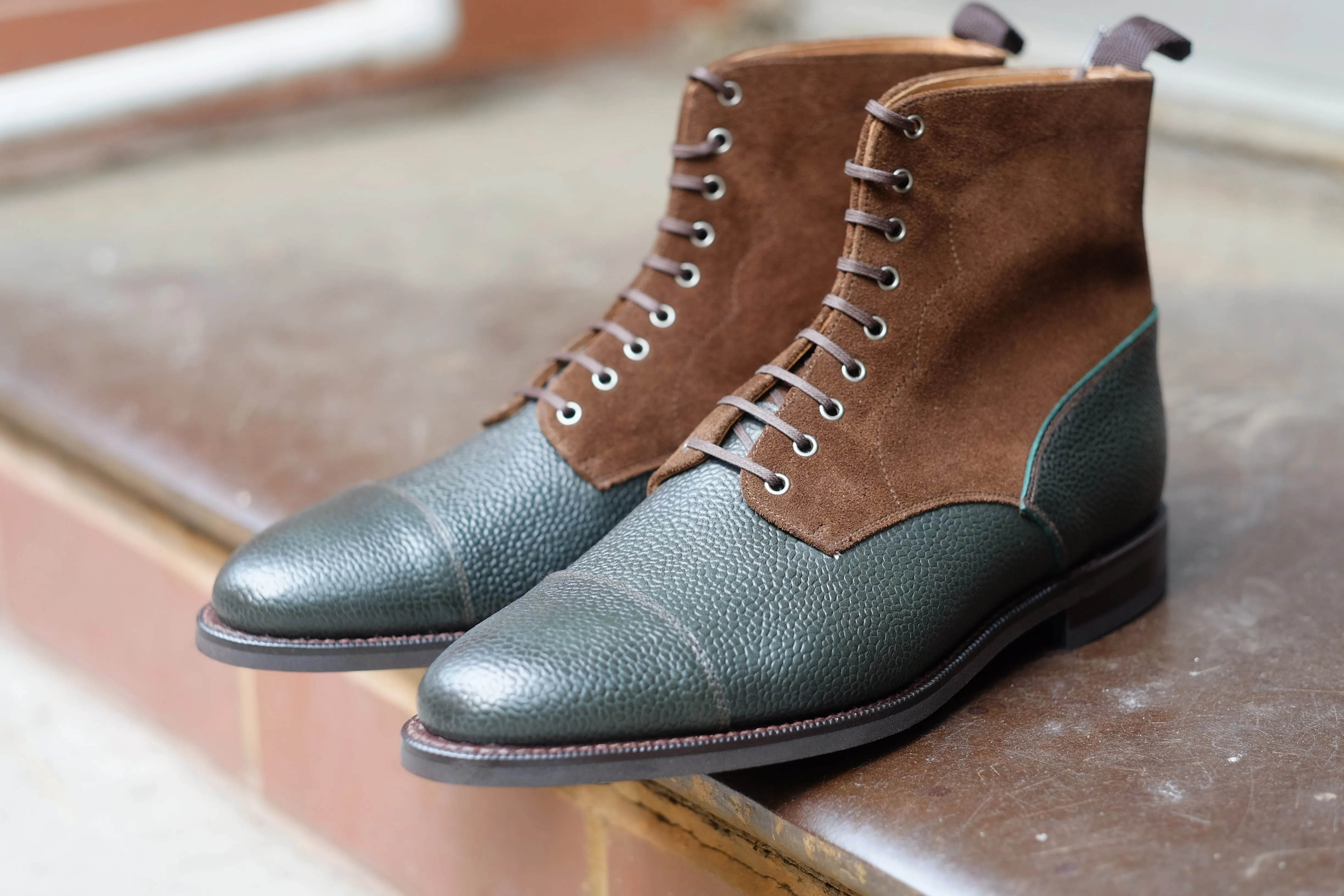 Delridge - MTO - Dark Green Grain / Dark Brown Suede - Aged Silver Eyelets (No Speedhooks)- TMG Last - Rugged Rubber Sole