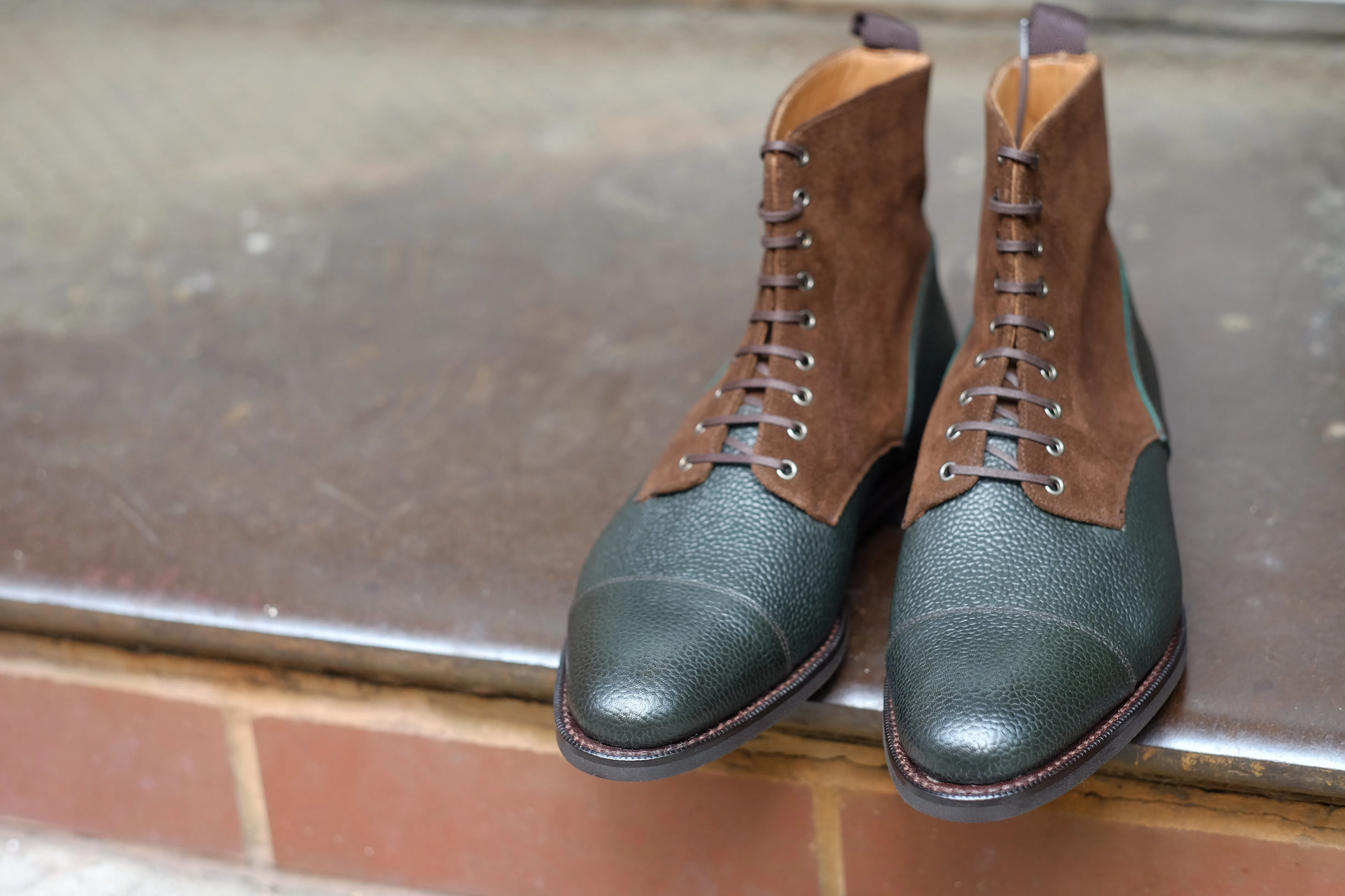 Delridge - MTO - Dark Green Grain / Dark Brown Suede - Aged Silver Eyelets (No Speedhooks)- TMG Last - Rugged Rubber Sole