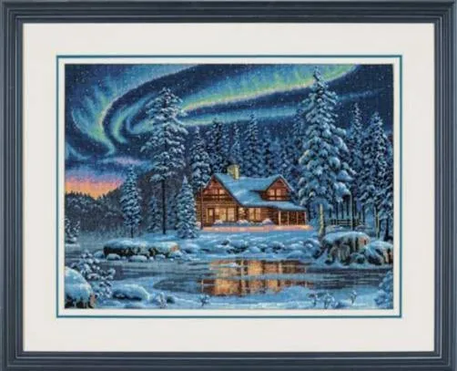 DIMENSIONS, Gold Collection, AURORA CABIN, Counted Cross Stitch Kit, 16 count dove grey cotton Aida (35212)