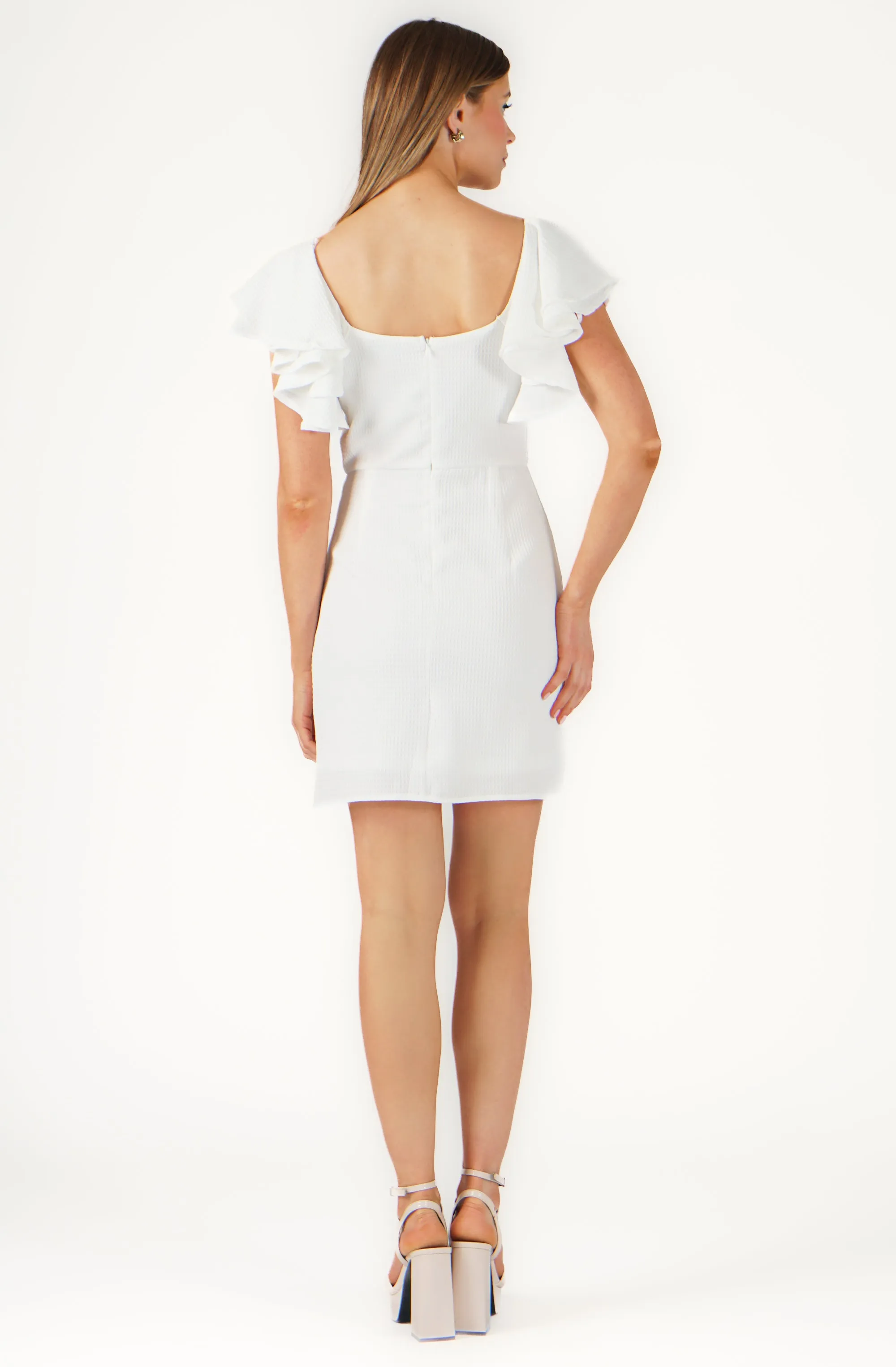 Fitted Waffle Textured Dress with Ruffle Sleeves